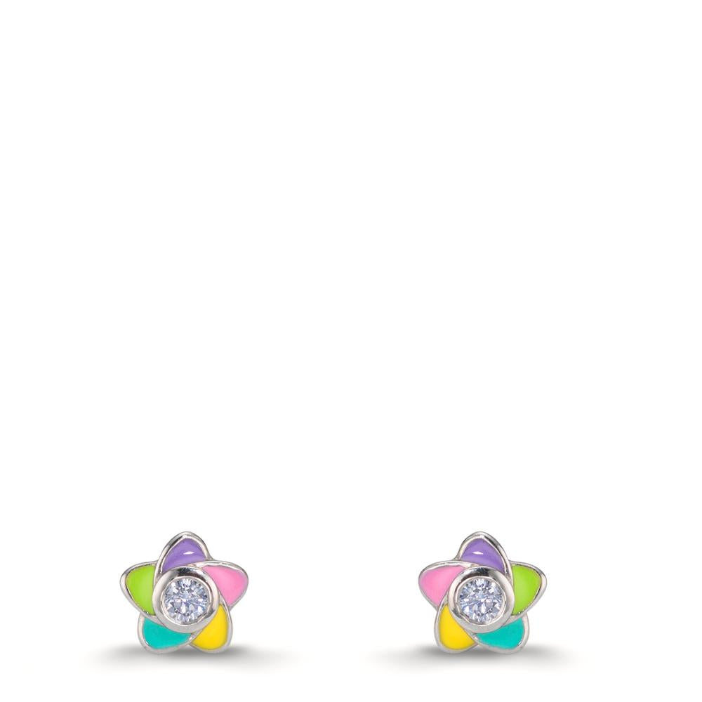 Stud earrings Silver Zirconia 2 Stones Rhodium plated Flower Ø5.5 mm