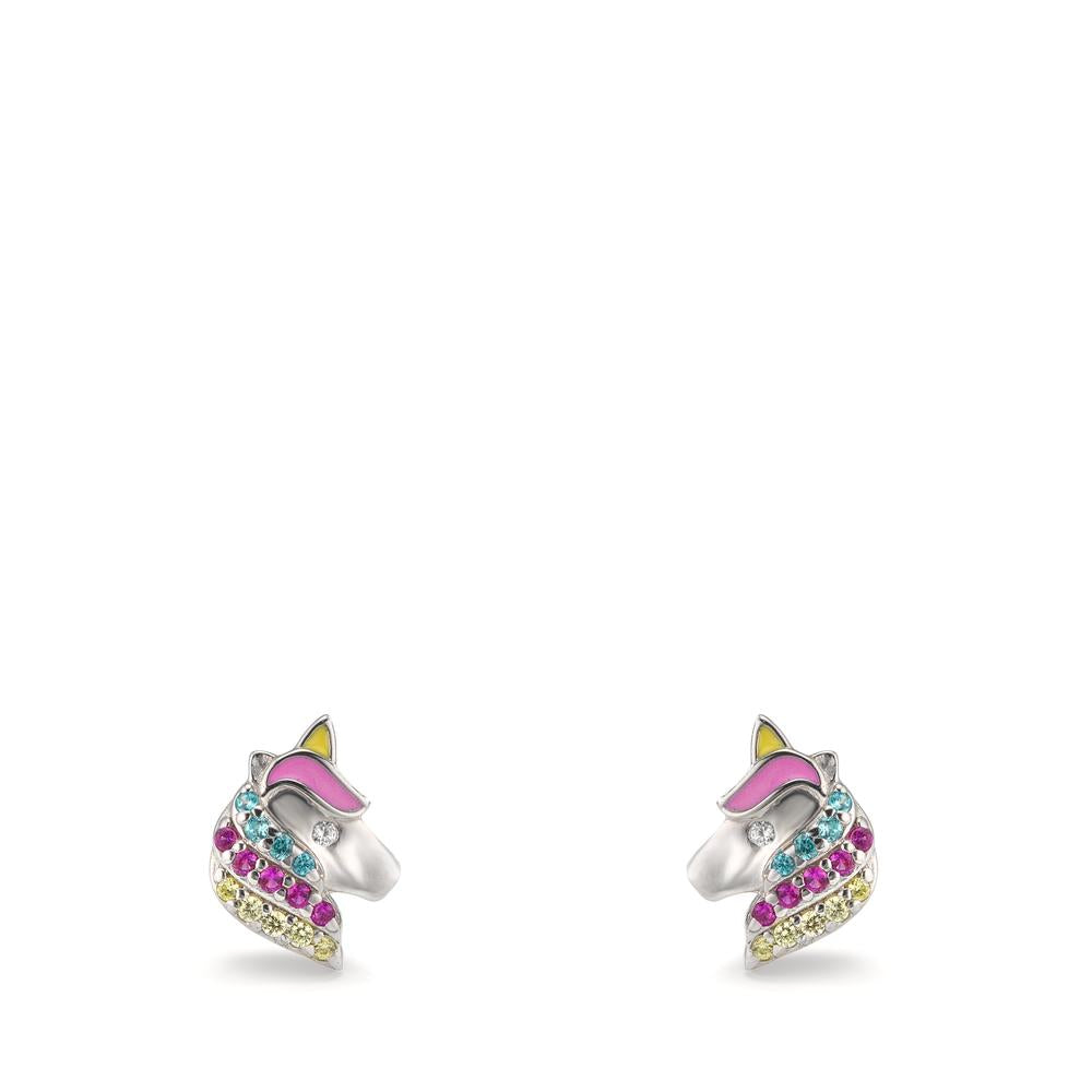Stud earrings Silver Zirconia Colorful Rhodium plated Horse Ø7 mm