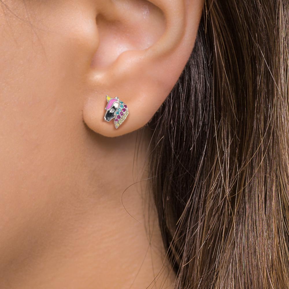 Stud earrings Silver Zirconia Colorful Rhodium plated Horse Ø7 mm