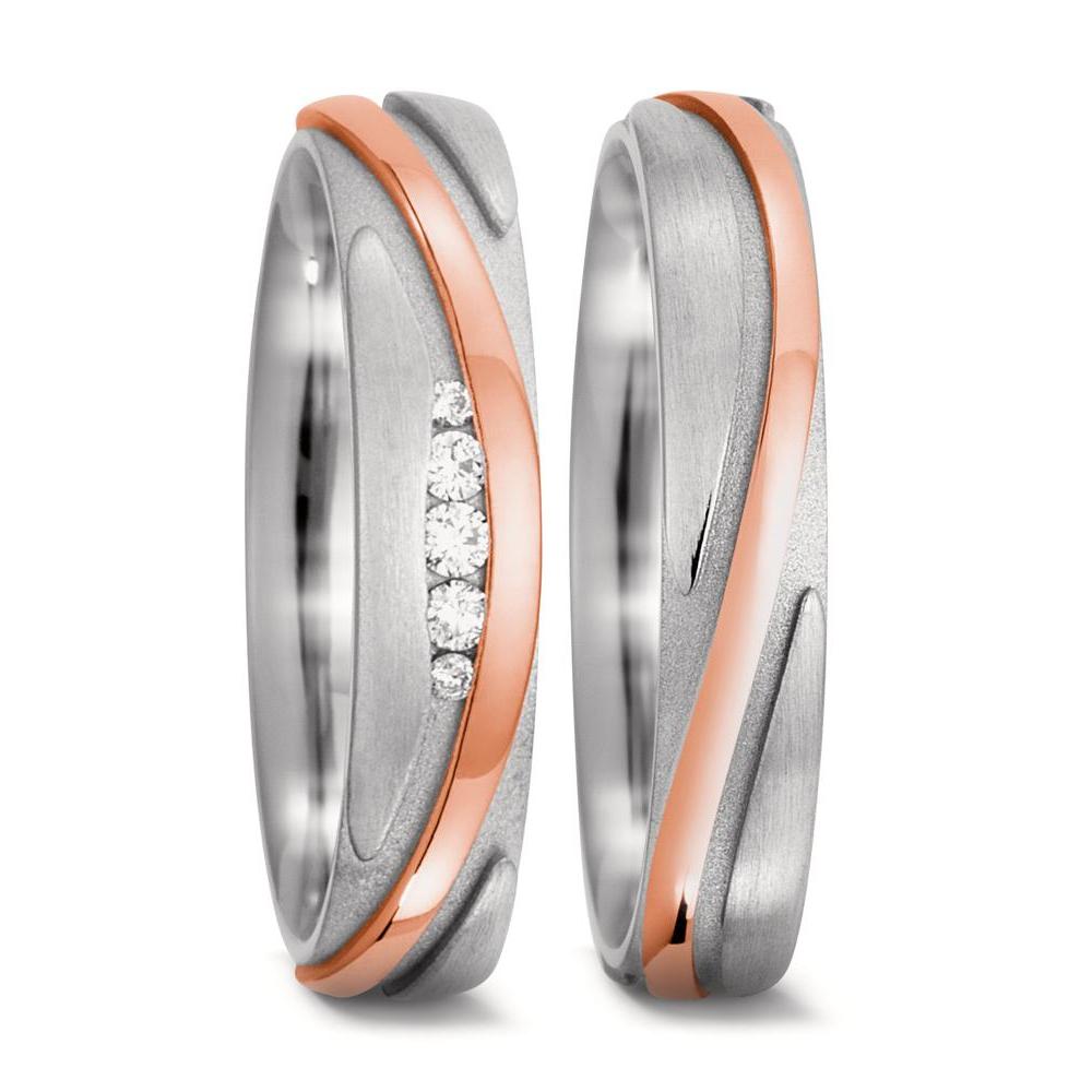 Wedding Ring 18k White Gold, 18k Red Gold Diamond 0.06 ct, 5 Stones, w-si