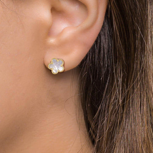 Stud earrings Silver Zirconia Yellow Gold plated Mother of pearl Flower Ø10 mm