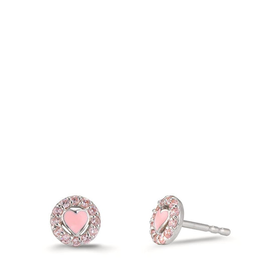 Stud earrings Silver Zirconia Rose Rhodium plated Heart Ø6.5 mm