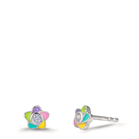 Stud earrings Silver Zirconia 2 Stones Rhodium plated Flower Ø5.5 mm