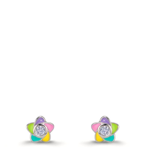 Stud earrings Silver Zirconia 2 Stones Rhodium plated Flower Ø5.5 mm