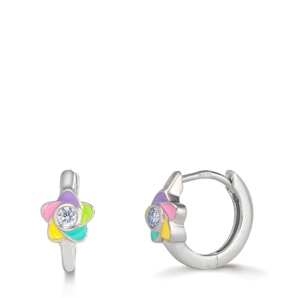 Hinged hoop Silver Zirconia 2 Stones Rhodium plated Flower