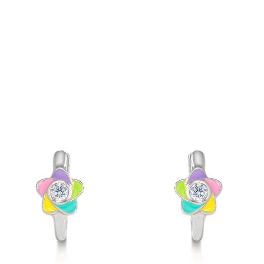 Hinged hoop Silver Zirconia 2 Stones Rhodium plated Flower