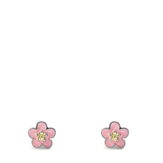 Stud earrings Silver Zirconia Yellow, 2 Stones Rhodium plated Flower Ø4.5 mm