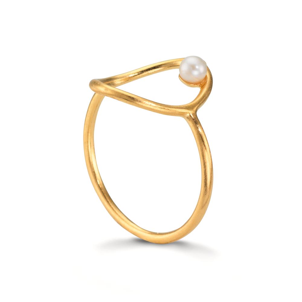 Ring Silver Yellow Gold plated Freshwater pearl White, 3 mm Ø14 mm